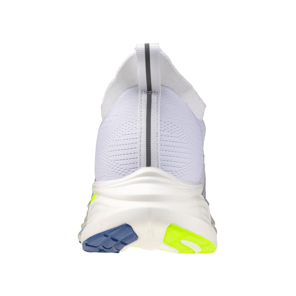 The back of the left shoe from a pair of Mizuno Men's Neo Zen 2 Running Shoes in the White/Estate Blue/Lightning Yellow colourway.