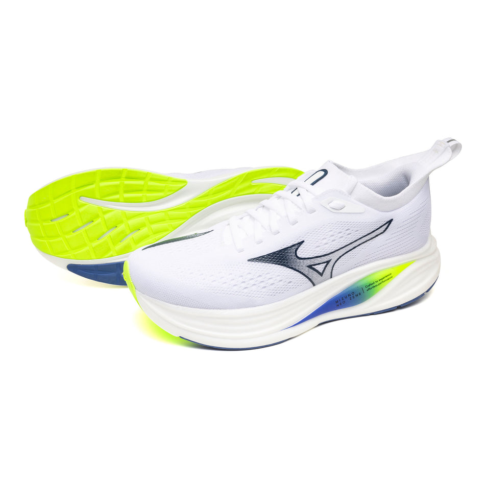 A pair of Mizuno Men's Neo Zen 2 Running Shoes in the White/Estate Blue/Lightning Yellow colourway.