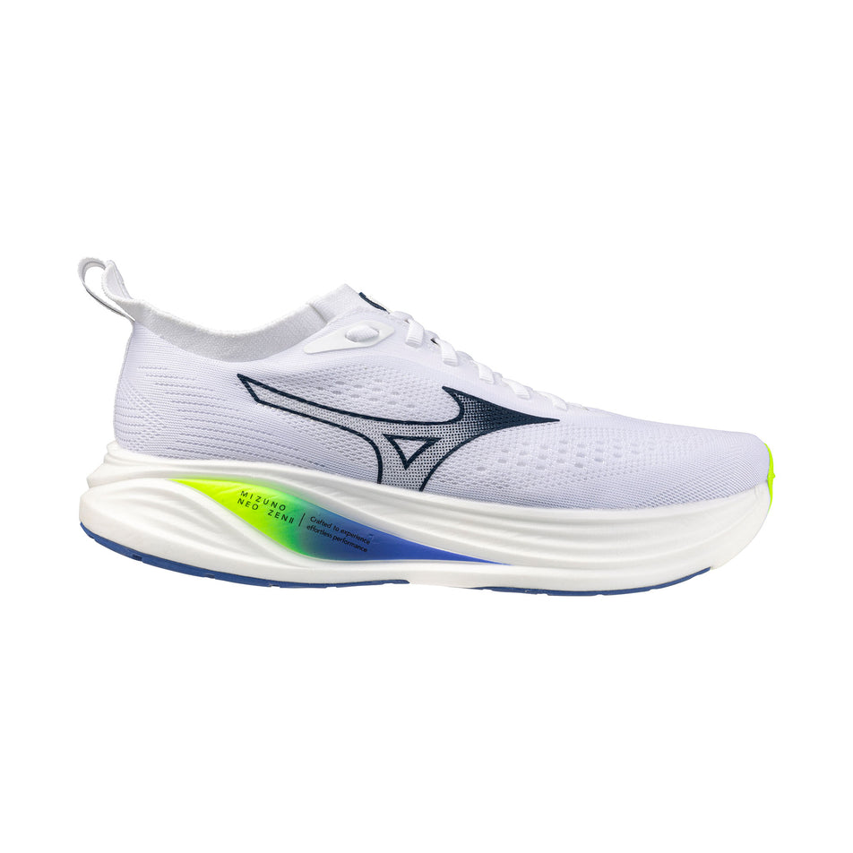 Lateral view of the right shoe from a pair of Mizuno Men's Neo Zen 2 Running Shoes in the White/Estate Blue/Lightning Yellow colourway.