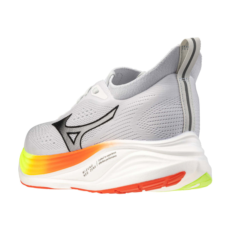 Lateral view of the left shoe from a pair of Mizuno Men's Neo Zen 2 Running Shoes in the Cloudscape/Black/Orange.com colourway.