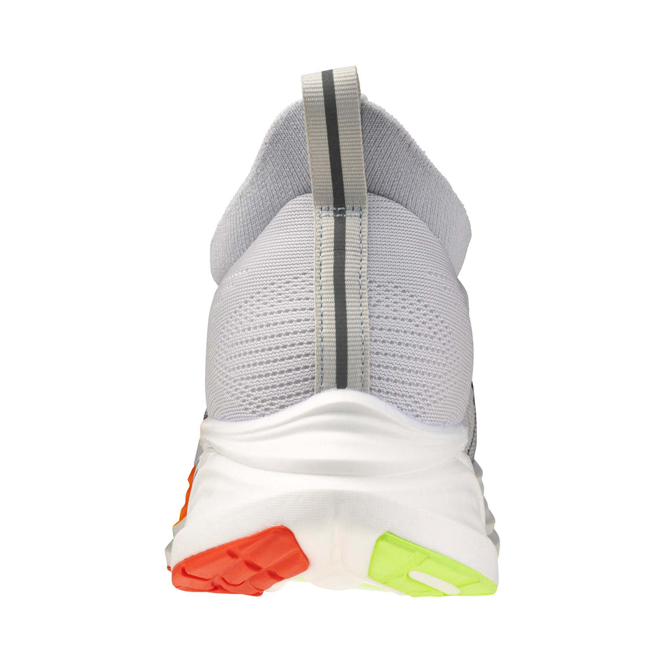 The back of the left shoe from a pair of Mizuno Men's Neo Zen 2 Running Shoes in the Cloudscape/Black/Orange.com colourway.