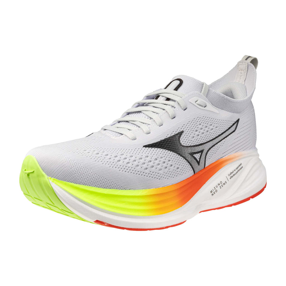 Lateral view of the left shoe from a pair of Mizuno Men's Neo Zen 2 Running Shoes in the Cloudscape/Black/Orange.com colourway.