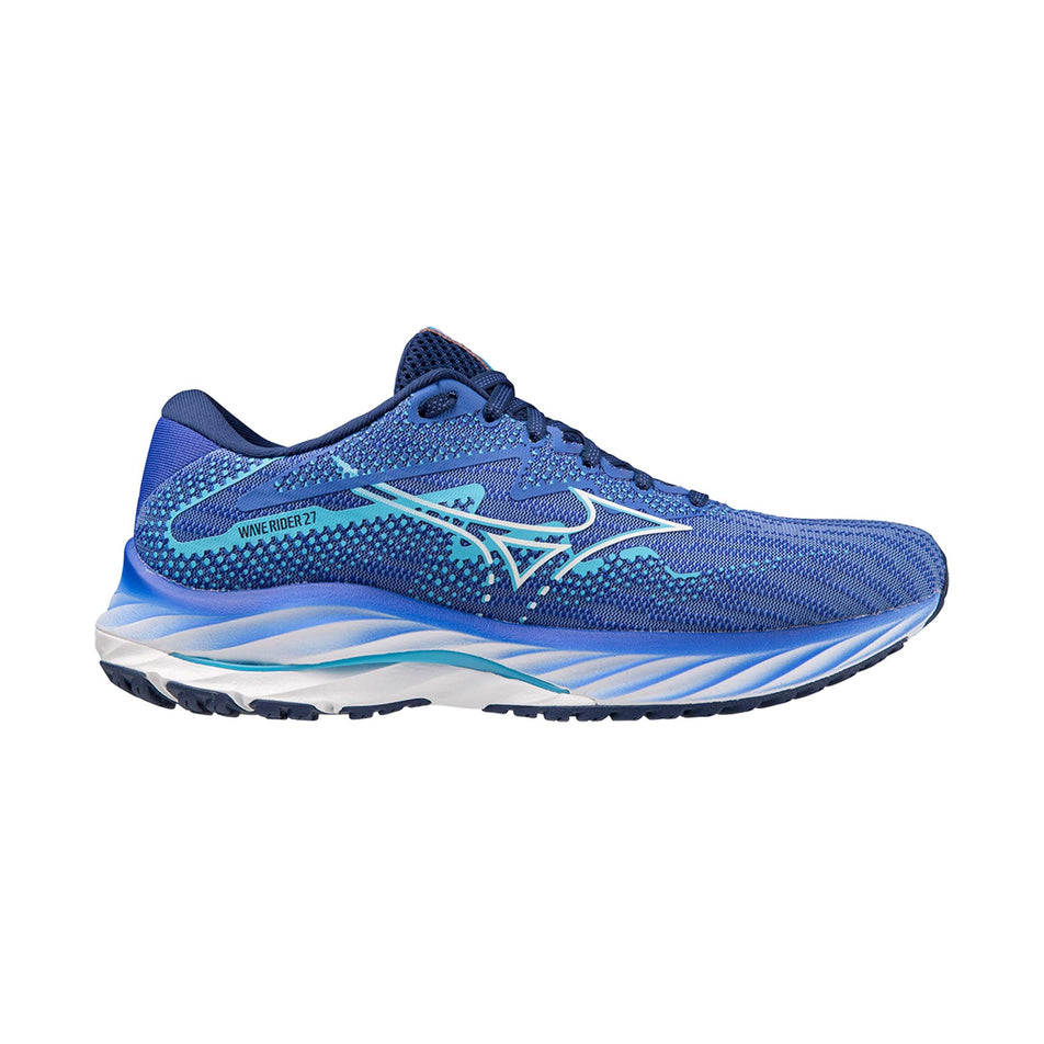 Lateral side of the right shoe from a pair of Mizuno Women's Wave Rider 27 Running Shoes in the Ultramarine/White/Aquarius colourway (7926843736226)