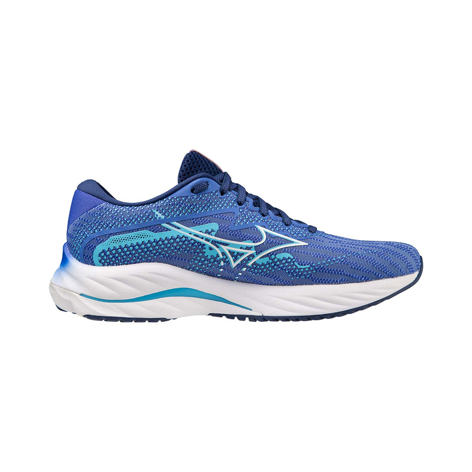 Medial side of the left shoe from a pair of Mizuno Women's Wave Rider 27 Running Shoes in the Ultramarine/White/Aquarius colourway (7926843736226)