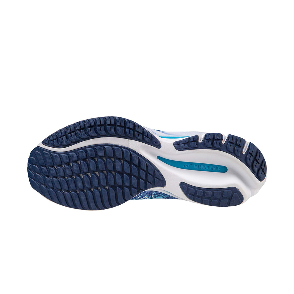 The outsole of the left shoe from a pair of Mizuno Women's Wave Rider 27 Running Shoes in the Ultramarine/White/Aquarius colourway (7926843736226)