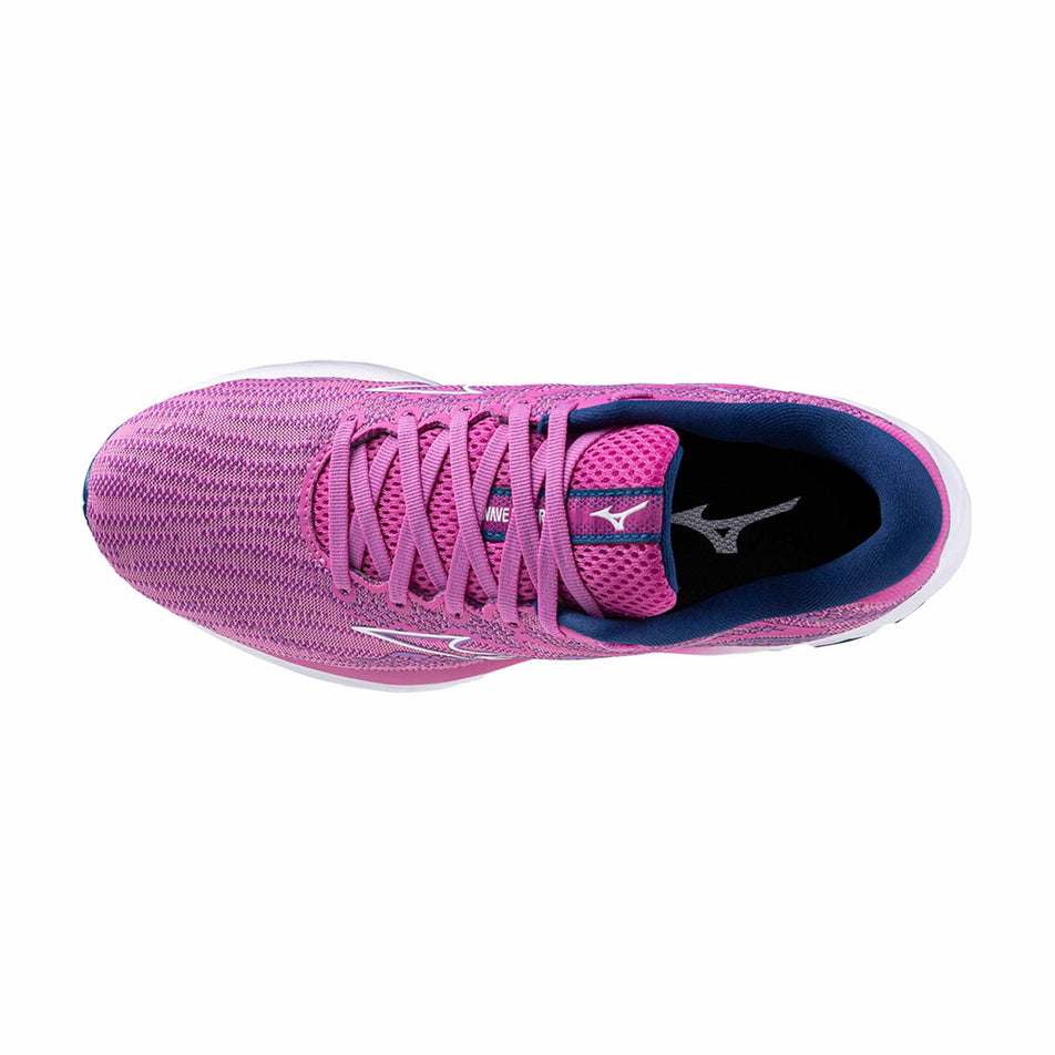 The upper on a pair of Mizuno Wave Rider 27 Running Shoes in the Rosebud/White/Navy Peony colourway (8121673285794)