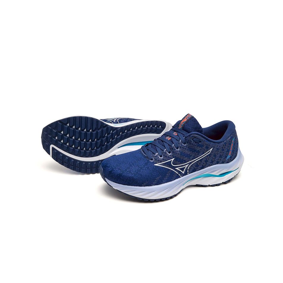 A pair of Mizuno Women's Wave Inspire 19 Running Shoes in the Blue Depths/White/Aquarius colourway (7926844162210)