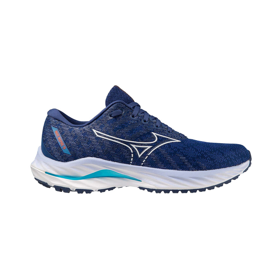 Lateral side of the right shoe from a pair of Mizuno Women's Wave Inspire 19 Running Shoes in the Blue Depths/White/Aquarius colourway (7926844162210)