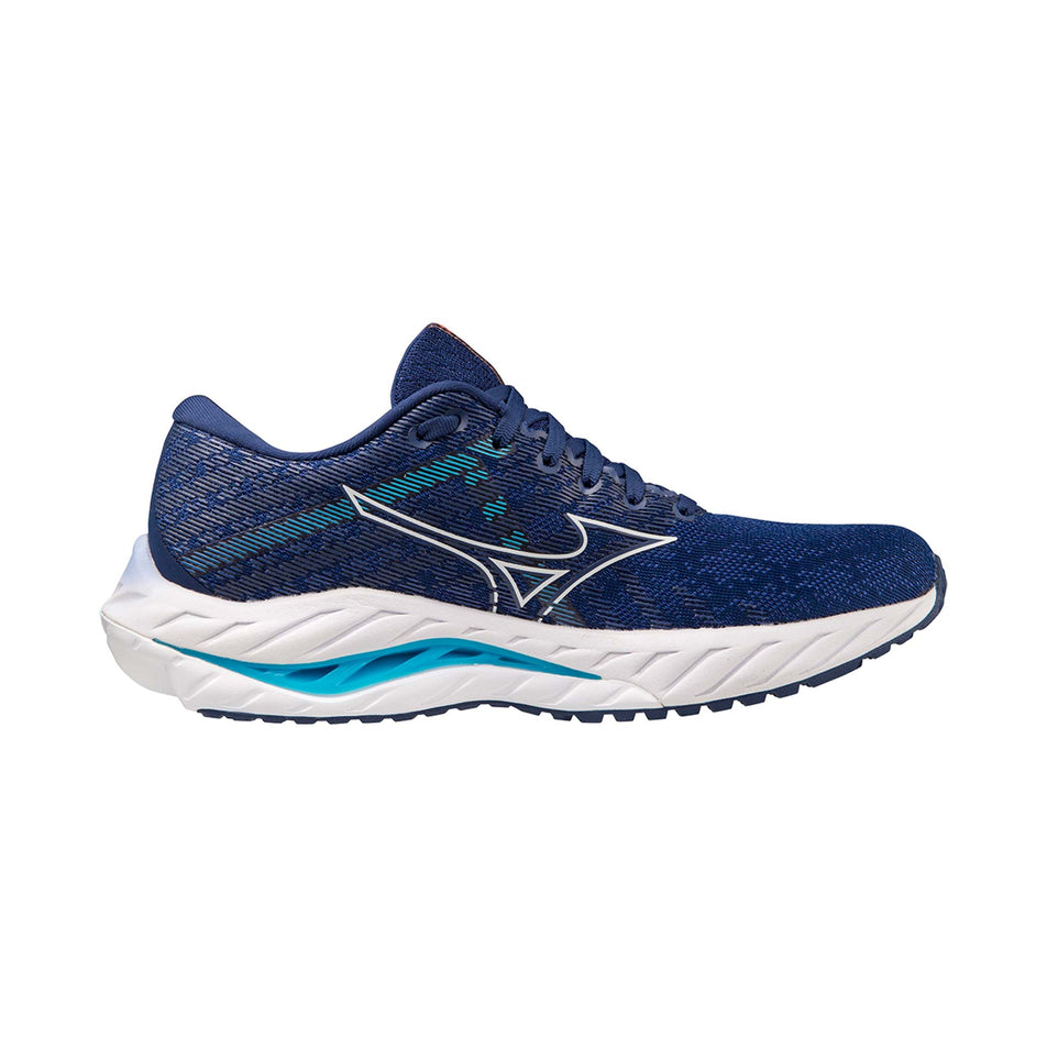 Medial side of the left shoe from a pair of Mizuno Women's Wave Inspire 19 Running Shoes in the Blue Depths/White/Aquarius colourway (7926844162210)