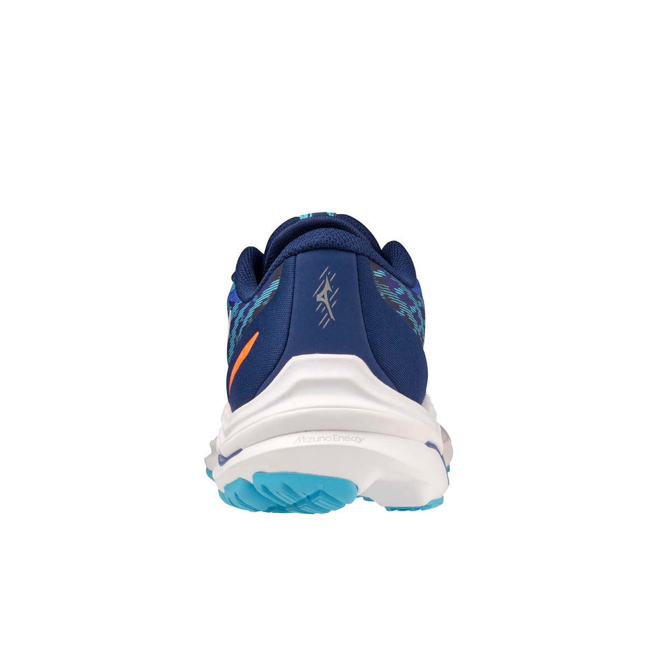 Back of the left shoe from a pair of Mizuno Women's Wave Equate 7 Running Shoes in the Dazzling Blue/White/Neon Flame colourway (7931073953954)