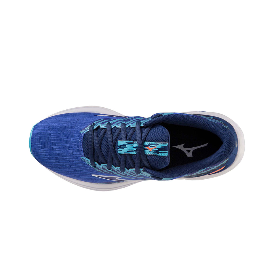 Upper of the left shoe from a pair of Mizuno Women's Wave Equate 7 Running Shoes in the Dazzling Blue/White/Neon Flame colourway (7931073953954)