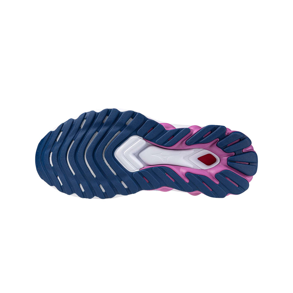 Outsole of the left shoe from a pair of Mizuno Women's Wave Skyrise 5 Running Shoes in the Swim Cap/Navy Peony/Hyacinth colourway (8146846711970)
