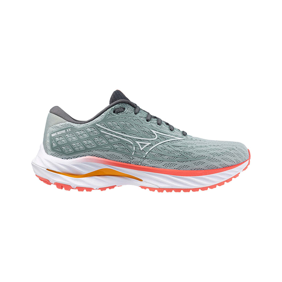 Lateral side of the right shoe from a pair of Mizuno Women's Wave Inspire 20 Running Shoes in the Gray Mist/White/Dubarry colourway (8121673515170)