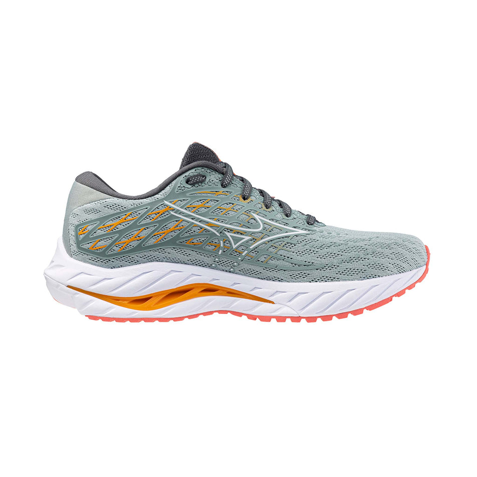 Medial side of the left shoe from a pair of Mizuno Women's Wave Inspire 20 Running Shoes in the Gray Mist/White/Dubarry colourway (8121673515170)