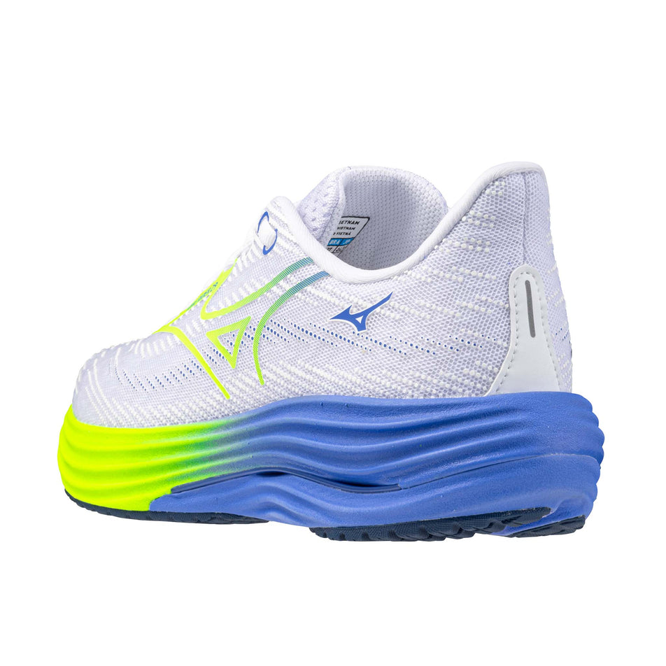 Lateral view of the left shoe from a pair of Mizuno Women's Wave Rider 29 Running Shoes in the White/Lightning Yellow/Ultramarine colourway.