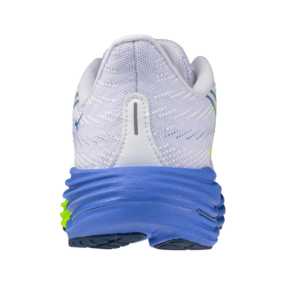 The back of the left shoe from a pair of Mizuno Women's Wave Rider 29 Running Shoes in the White/Lightning Yellow/Ultramarine colourway.
