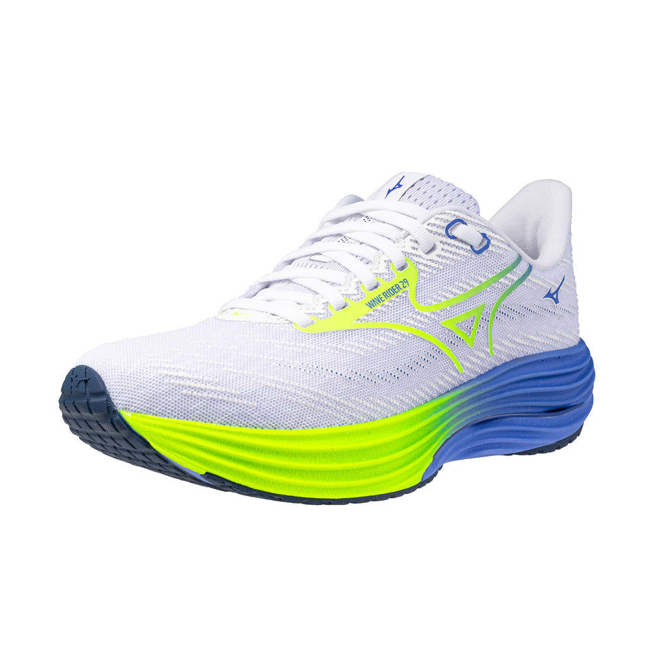 Lateral view of the left shoe from a pair of Mizuno Women's Wave Rider 29 Running Shoes in the White/Lightning Yellow/Ultramarine colourway.