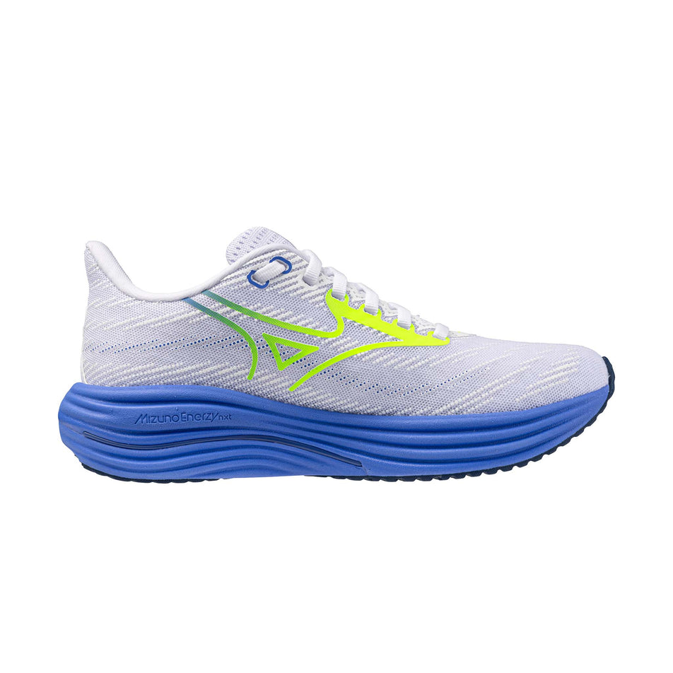 Medial of the left shoe from a pair of Mizuno Women's Wave Rider 29 Running Shoes in the White/Lightning Yellow/Ultramarine colourway.