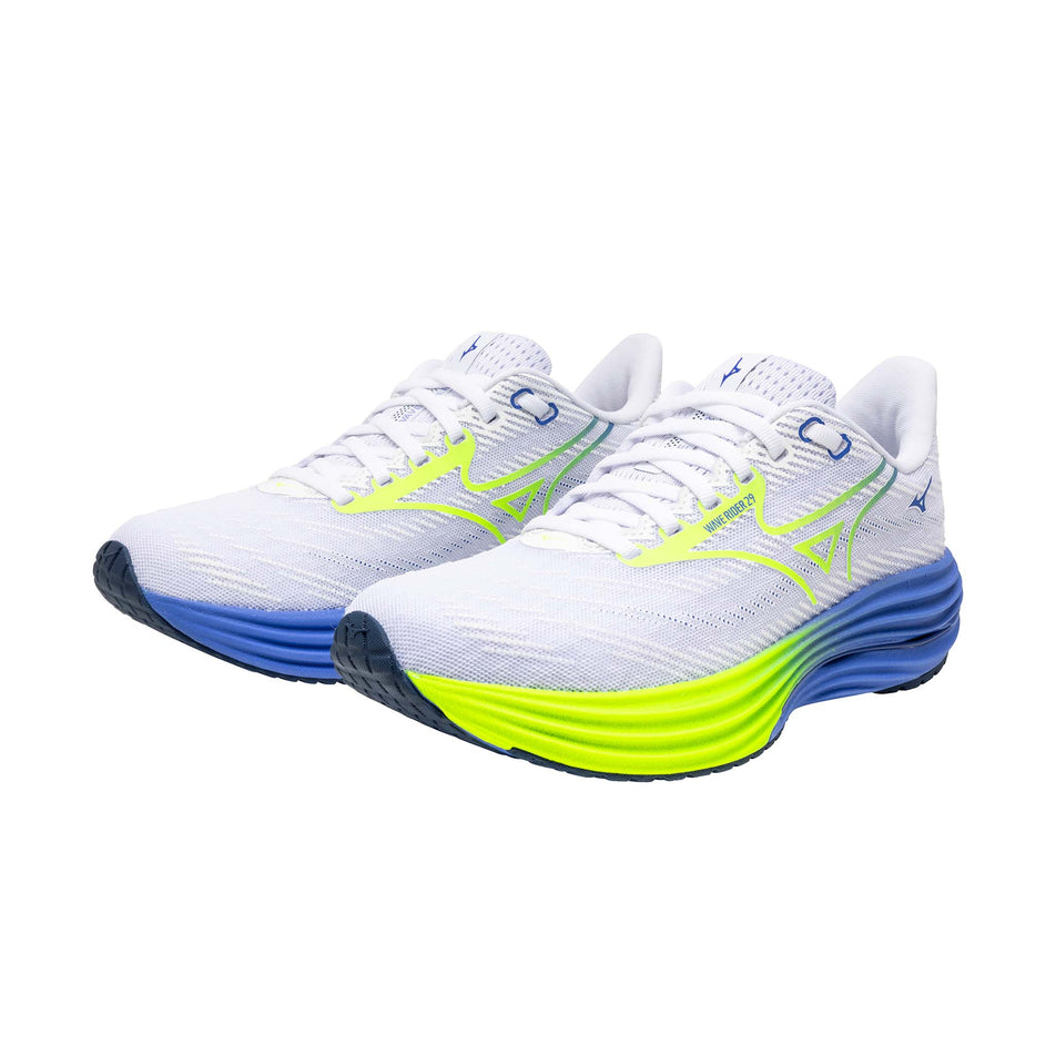 A pair of Mizuno Women's Wave Rider 29 Running Shoes in the White/Lightning Yellow/Ultramarine colourway.