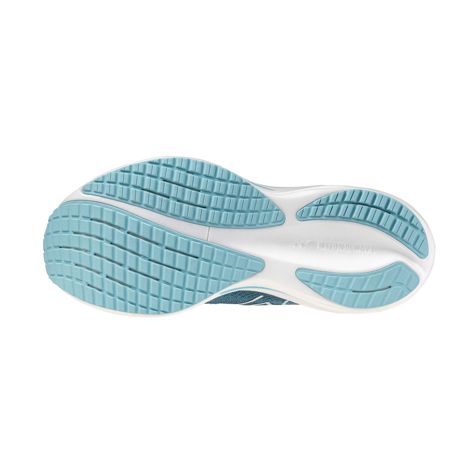 The outsole of the left shoe from a pair of Mizuno Women's Wave Rider 29 Running Shoes in the Larkspur/White/Pinkesque colourway.