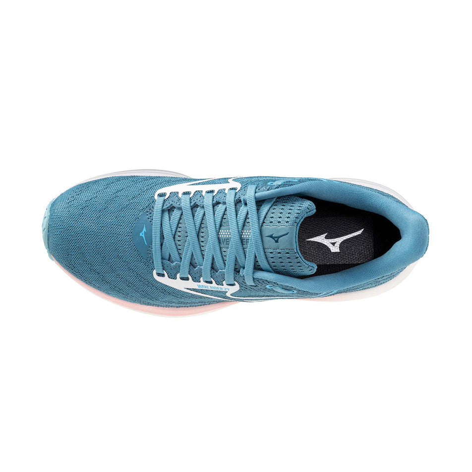 The upper of the left shoe from a pair of Mizuno Women's Wave Rider 29 Running Shoes in the Larkspur/White/Pinkesque colourway.