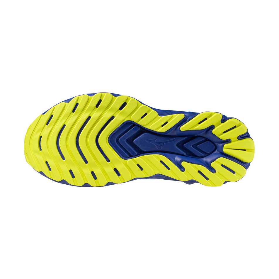 The outsole of the left shoe from a pair of Mizuno Women's Wave Skyrise 7 Running Shoes in the Ultramarine/White/Dazzling Blue colourway.