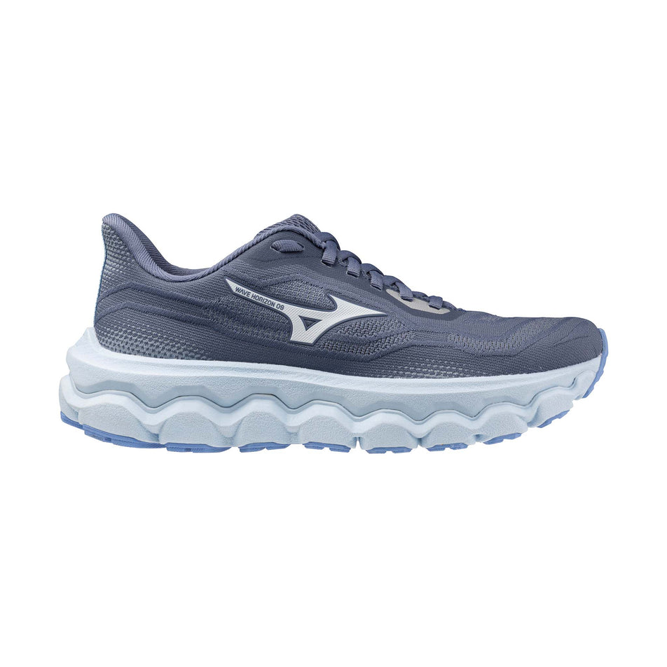 Lateral view of the right shoe from a pair of Mizuno Women's Wave Horizon 9 Running Shoes in the Wild Wind/White/Vista Blue colourway.