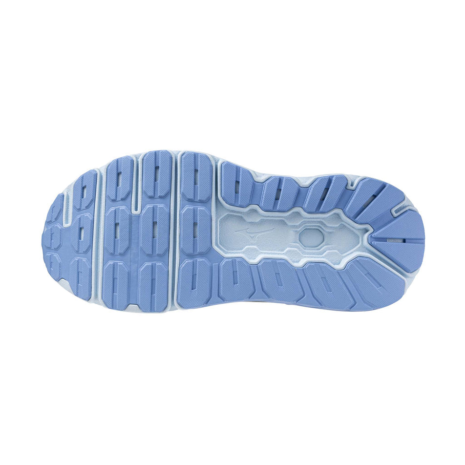 The outsole of the left shoe from a pair of Mizuno Women's Wave Horizon 9 Running Shoes in the Wild Wind/White/Vista Blue colourway.