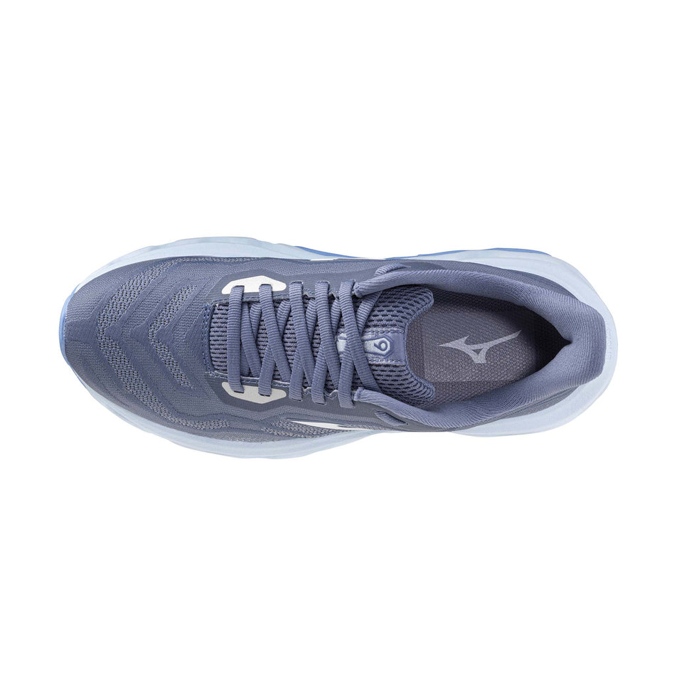 The upper of the left shoe from a pair of Mizuno Women's Wave Horizon 9 Running Shoes in the Wild Wind/White/Vista Blue colourway.