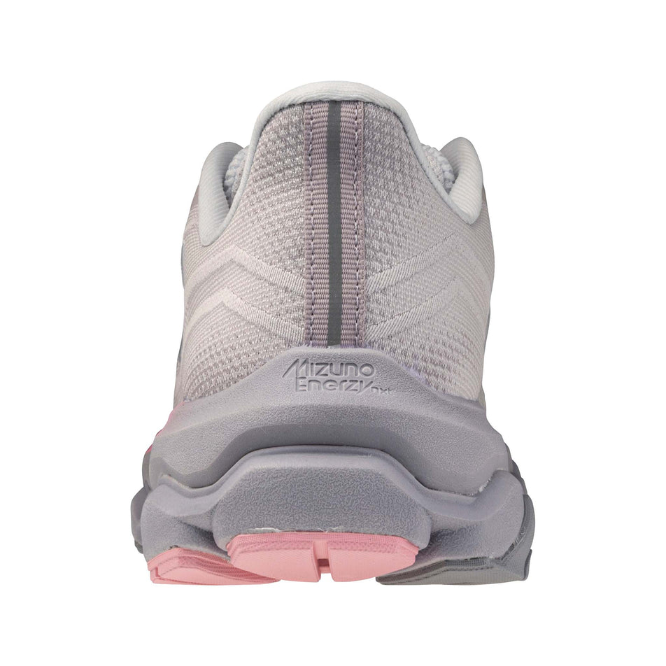 The back of the left shoe from a pair of Mizuno Women's Wave Horizon 9 Running Shoes in the Lilac Hint/Dapple Gray/Pink Drink colourway.