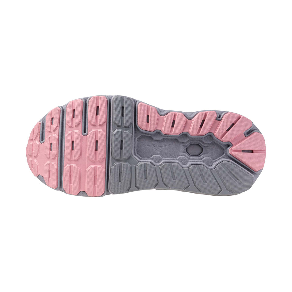 The outsole of the left shoe from a pair of Mizuno Women's Wave Horizon 9 Running Shoes in the Lilac Hint/Dapple Gray/Pink Drink colourway.