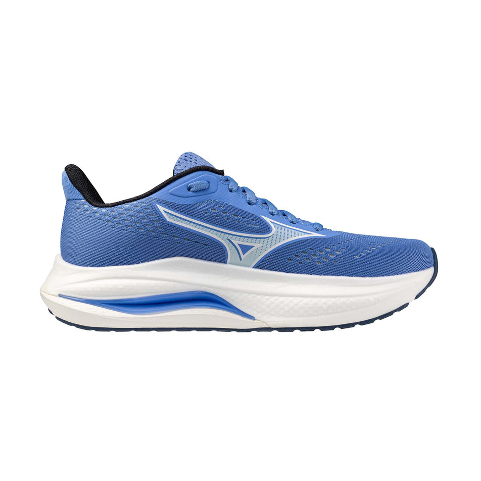 Medial view of the right shoe from a pair of Mizuno Women's Wave Inspire 22 Running Shoes in the Ultramarine/White/Lighting Yellow colourway.