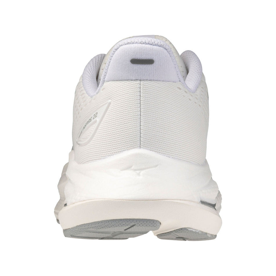 The back of the left shoe from a pair of Mizuno Women's Wave Inspire 22 Running Shoes in the White/White/Harbor Mist colourway.