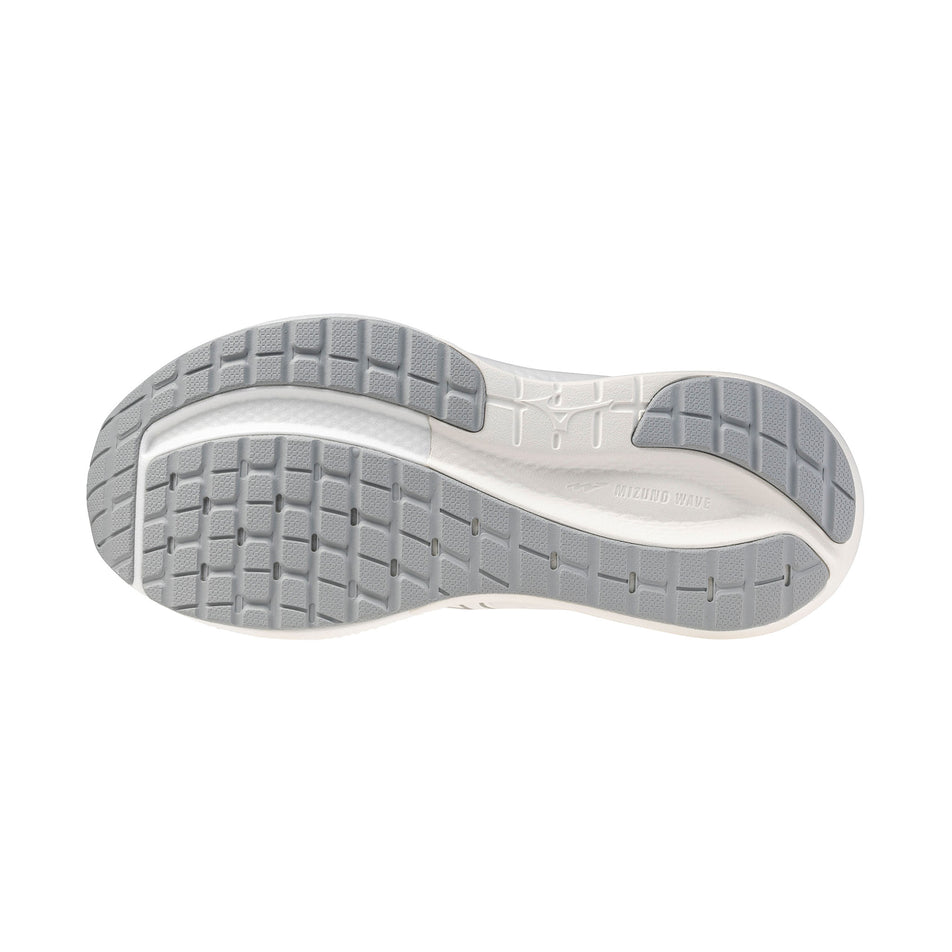 The outsole of the left shoe from a pair of Mizuno Women's Wave Inspire 22 Running Shoes in the White/White/Harbor Mist colourway.
