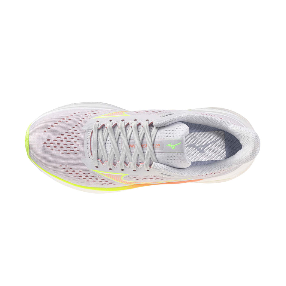 The upper of the left shoe from a pair of Mizuno Women's Wave Inspire 22 Running Shoes in the Cloudscape/Desert Flower/Lime Pulp colourway.