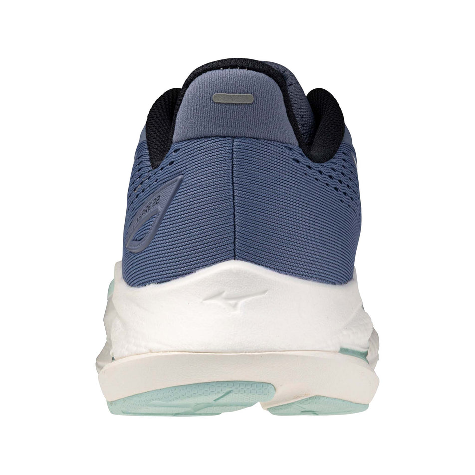 The back of the left shoe from a pair of Mizuno Women's Wave Inspire 22 Running Shoes in the Wild Wind/Icy Morn/White colourway.