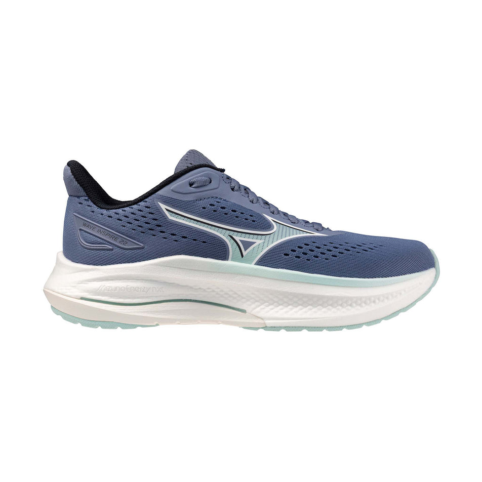 Lateral view of the right shoe from a pair of Mizuno Women's Wave Inspire 22 Running Shoes in the Wild Wind/Icy Morn/White colourway.