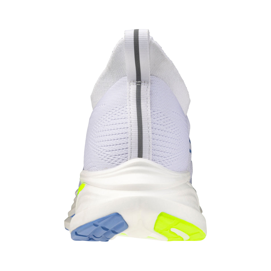 The back of the left shoe from a pair of Mizuno Women's Neo Zen 2 Running Shoes in the White/Ultramarine/Lightning Yellow colourway.