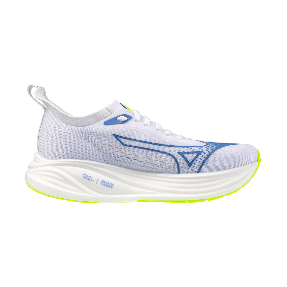 Medial view of the left shoe from a pair of Mizuno Women's Neo Zen 2 Running Shoes in the White/Ultramarine/Lightning Yellow colourway.