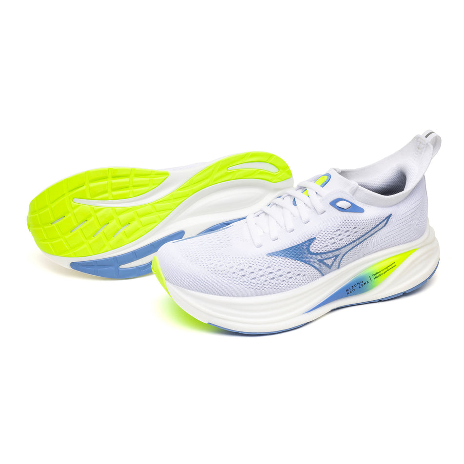 A pair of Mizuno Women's Neo Zen 2 Running Shoes in the White/Ultramarine/Lightning Yellow colourway.