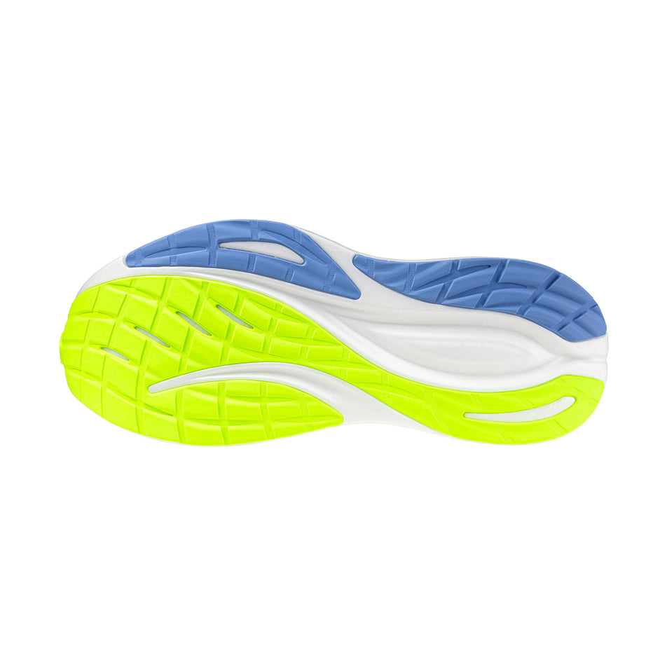 The outsole of the left shoe from a pair of Mizuno Women's Neo Zen 2 Running Shoes in the White/Ultramarine/Lightning Yellow colourway.