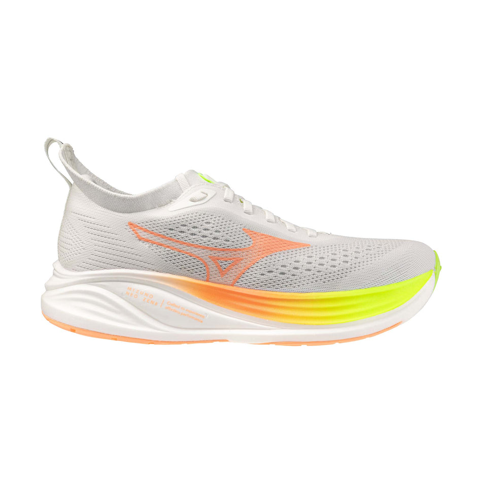 Lateral view of the right shoe from a pair of Mizuno Women's Neo Zen 2 Running Shoes in the GF White/Flamingo Coral/Lime Pulp colourway.