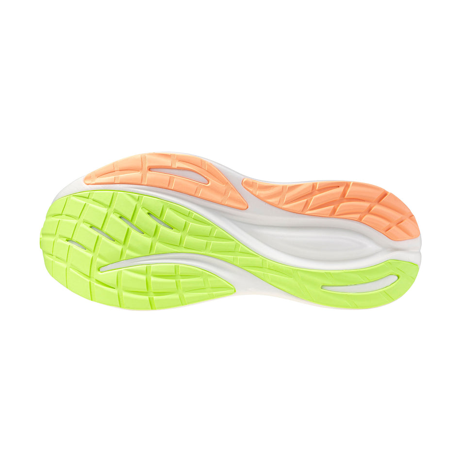 The outsole of the left shoe from a pair of Mizuno Women's Neo Zen 2 Running Shoes in the GF White/Flamingo Coral/Lime Pulp colourway.