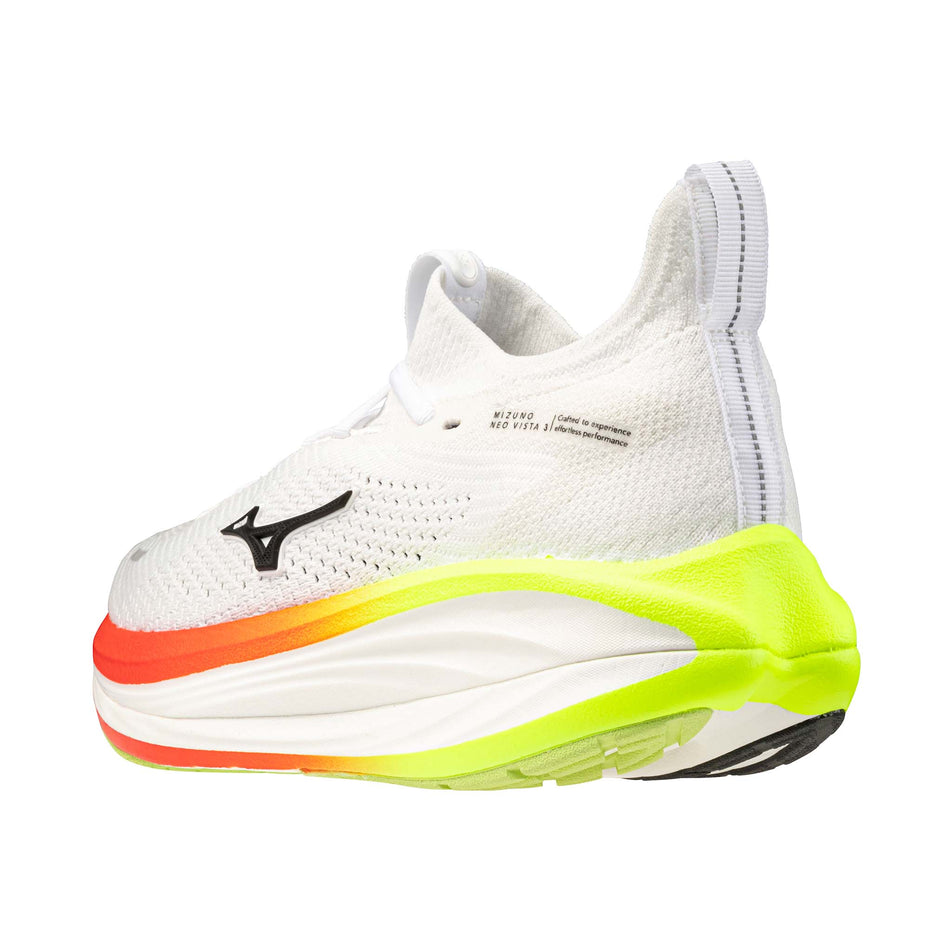 Lateral view of the left shoe from a pair of Mizuno Men's Neo Vista 3 Running Shoes in the White/Black/Orange.com colourway.