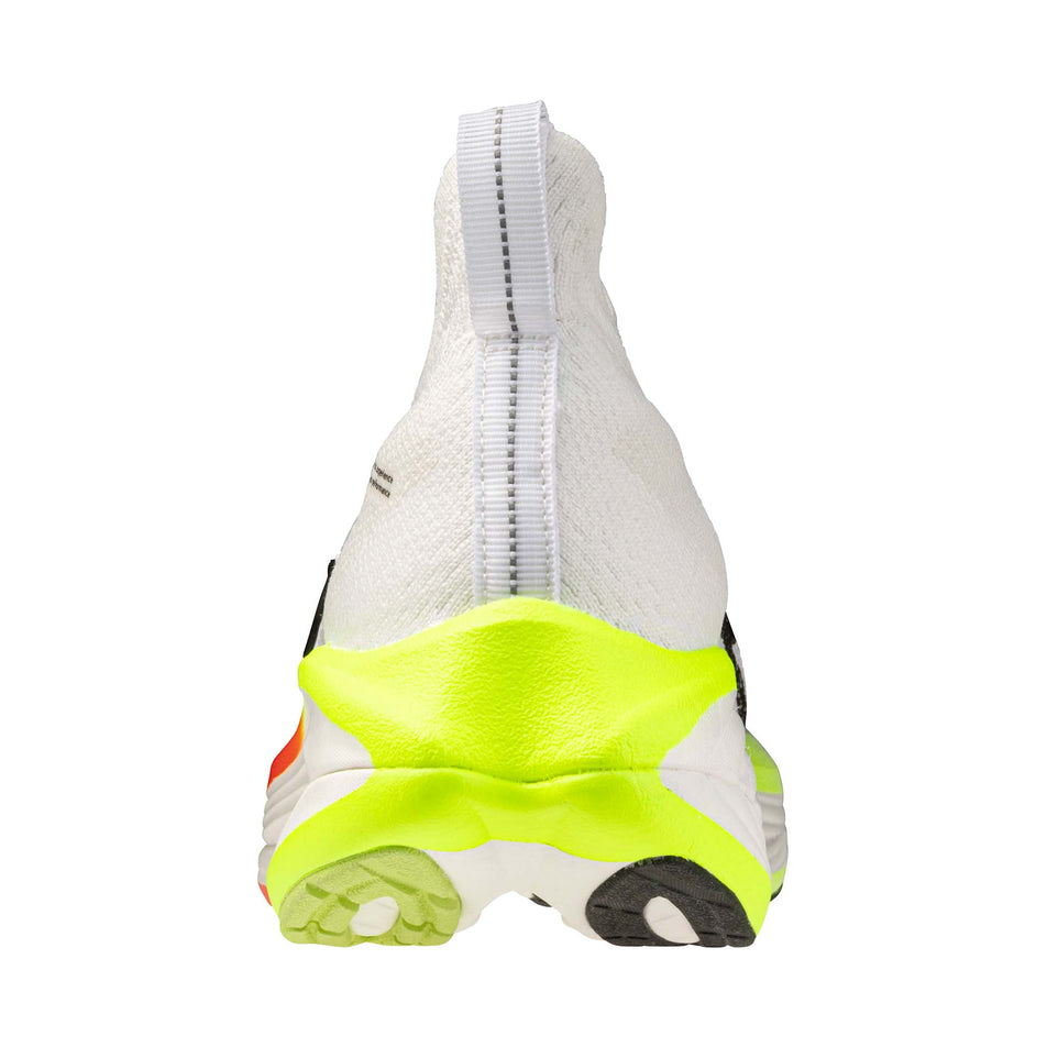 The back of the left shoe from a pair of Mizuno Men's Neo Vista 3 Running Shoes in the White/Black/Orange.com colourway.