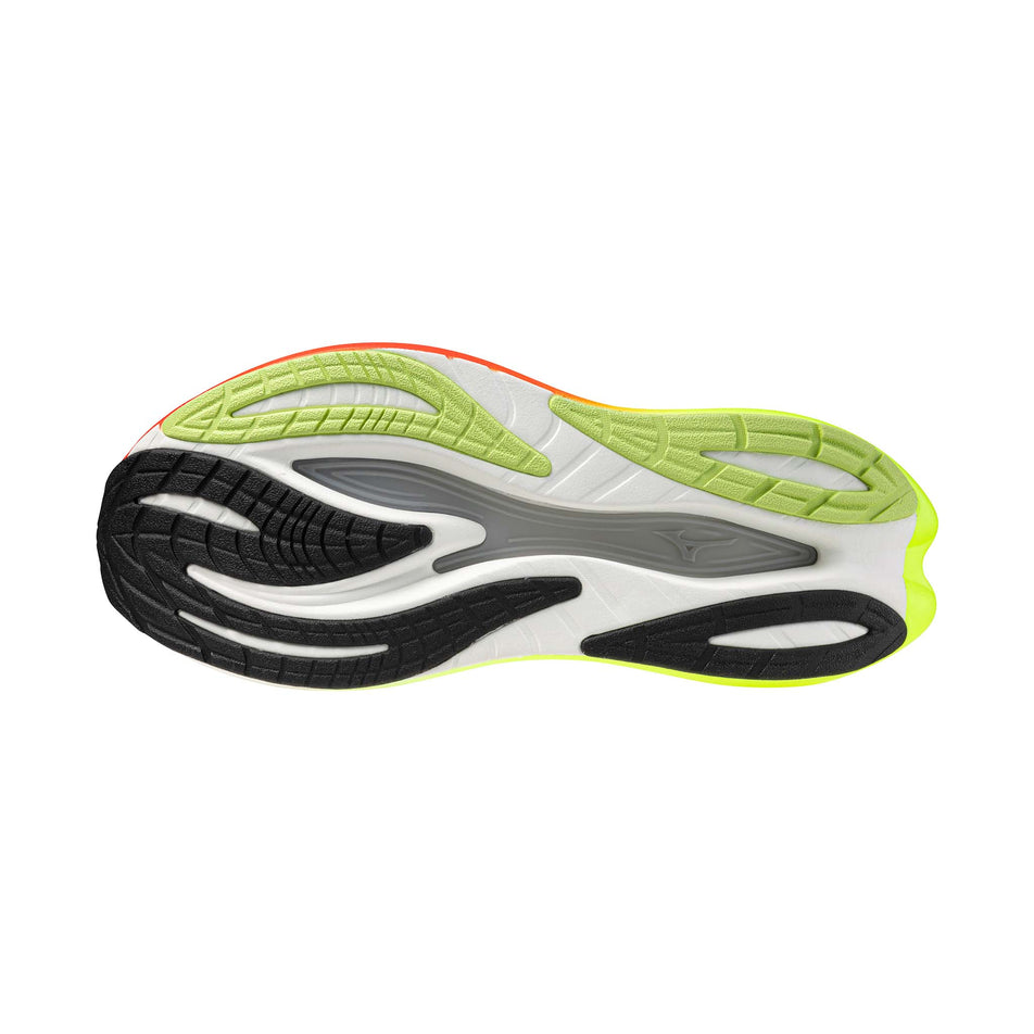 The outsole of the left shoe from a pair of Mizuno Men's Neo Vista 3 Running Shoes in the White/Black/Orange.com colourway.