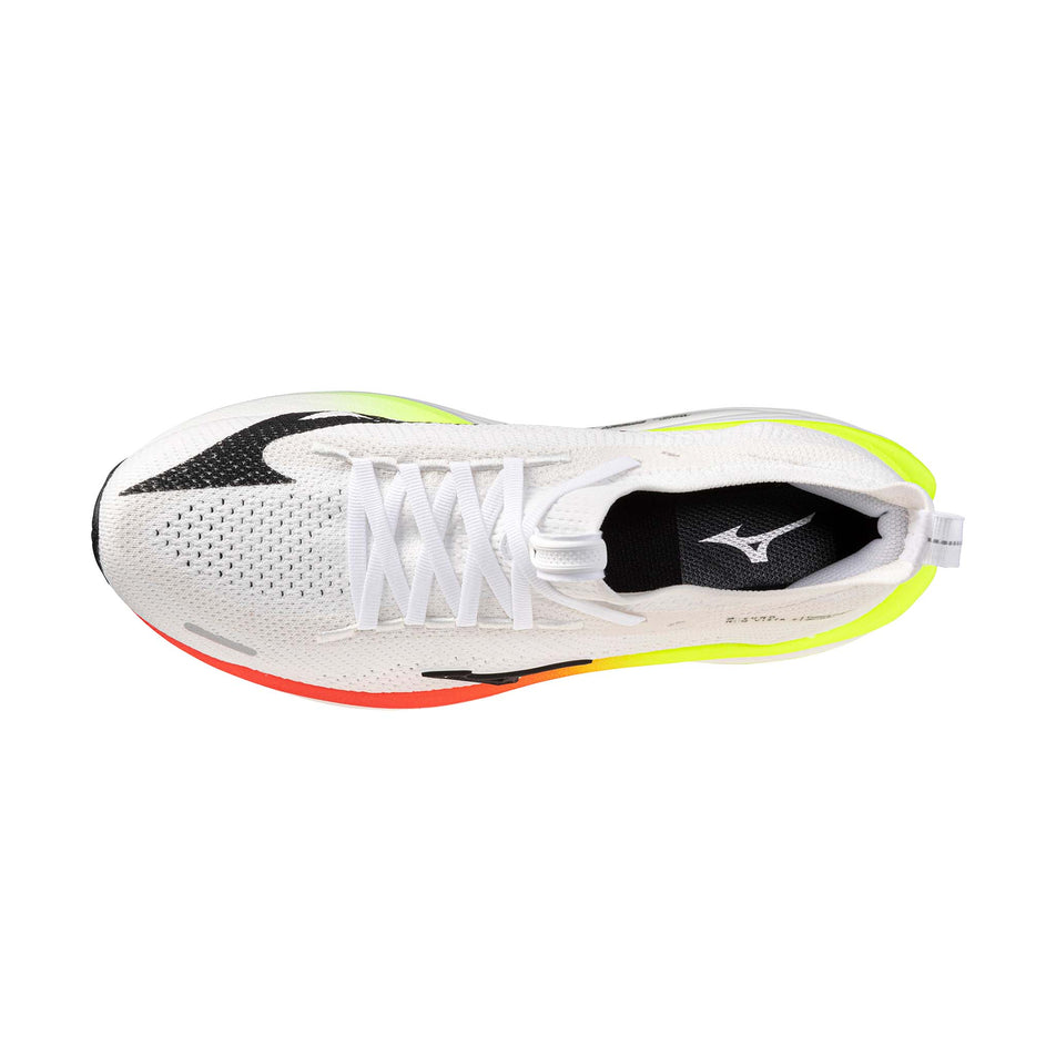 The upper of the left shoe from a pair of Mizuno Men's Neo Vista 3 Running Shoes in the White/Black/Orange.com colourway.