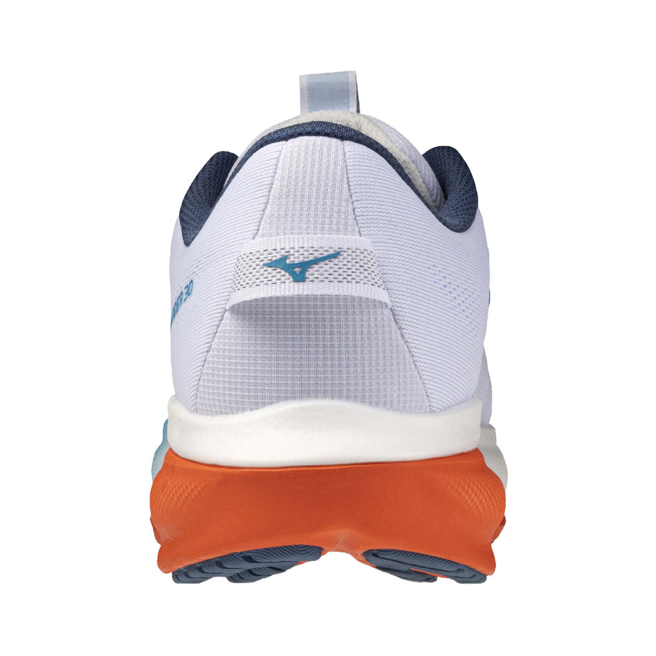 The back of the left shoe from a pair of Mizuno Men's Wave Rider 30 Running Shoes in the White/Blue Jewel/Orange.com colourway.