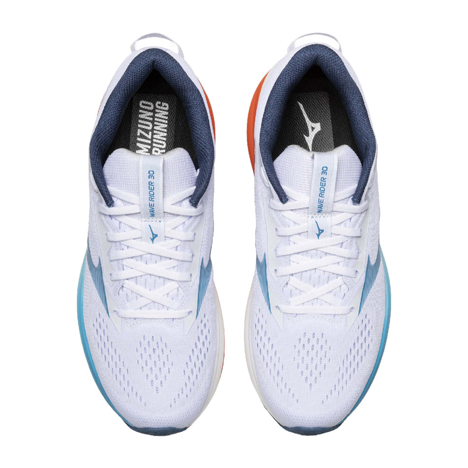 The uppers of a pair of Mizuno Men's Wave Rider 30 Running Shoes in the White/Blue Jewel/Orange.com colourway.