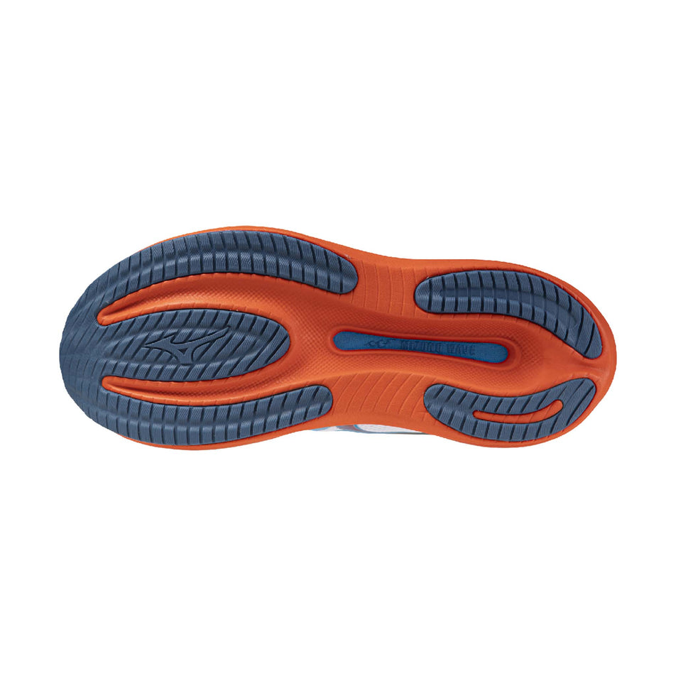 The outsole of the left shoe from a pair of Mizuno Men's Wave Rider 30 Running Shoes in the White/Blue Jewel/Orange.com colourway.